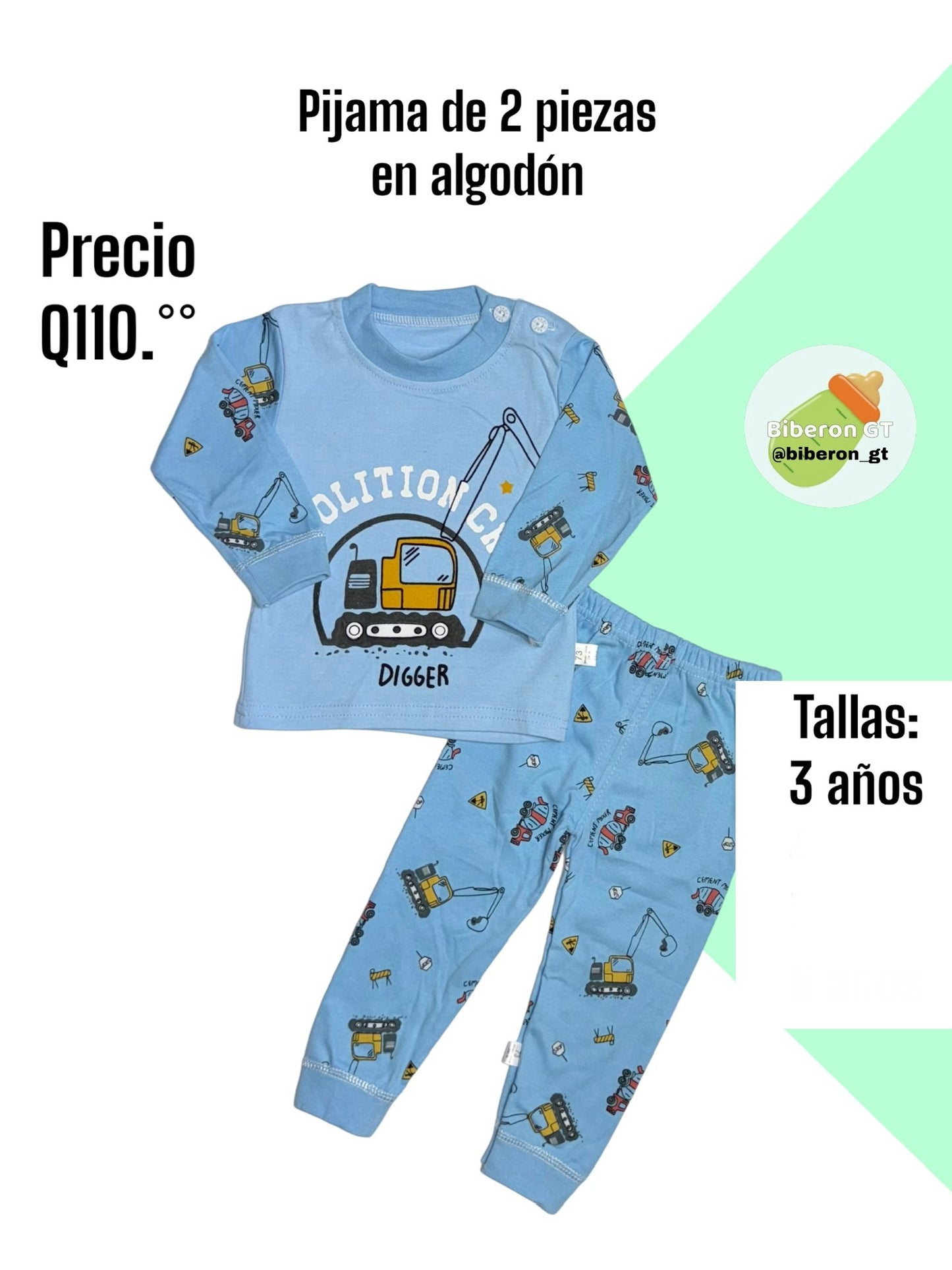 Pijama de 2 piezas en algodón - Carros celeste