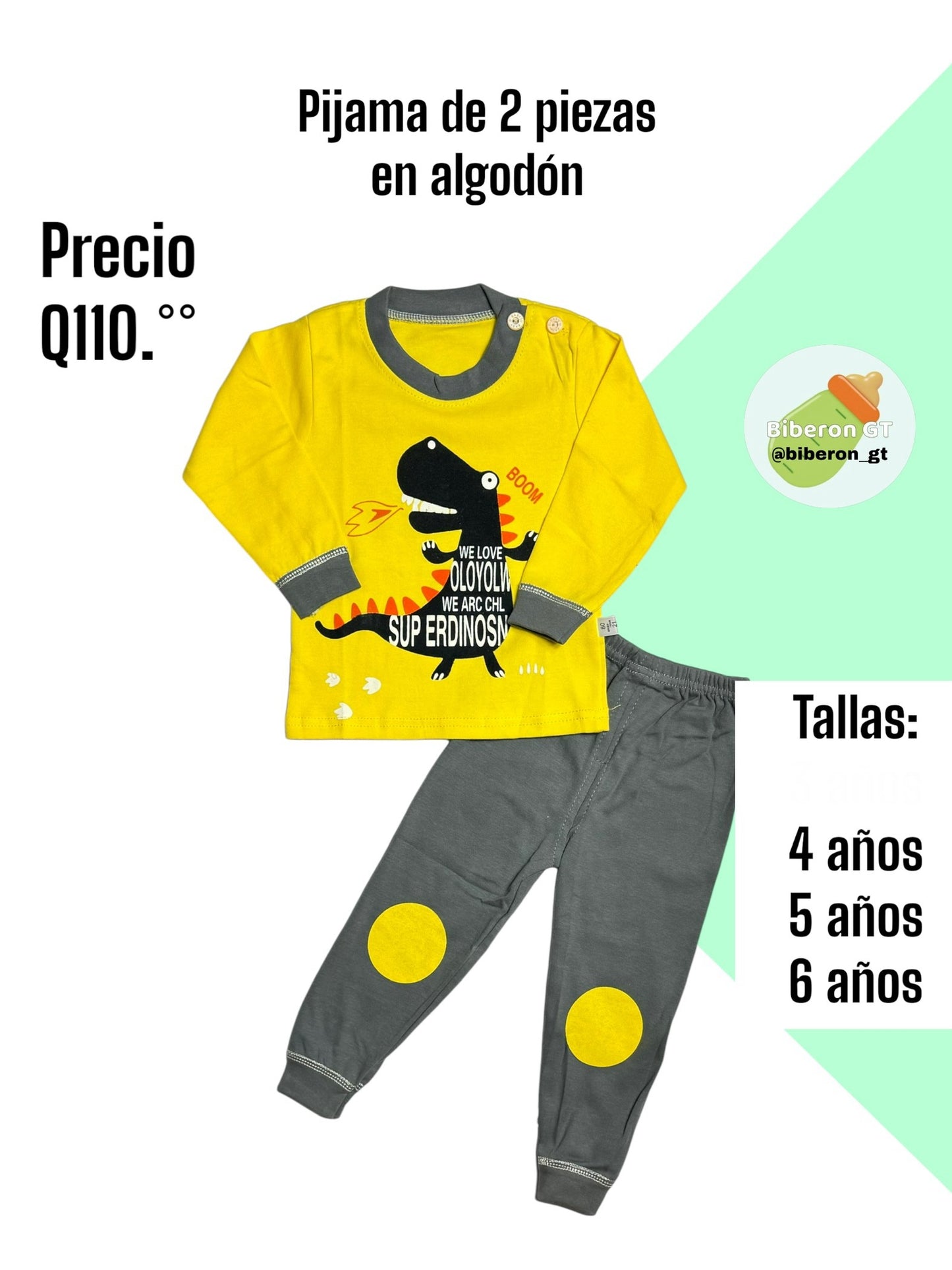 Pijama de 2 piezas en algodón - Dino amarillo