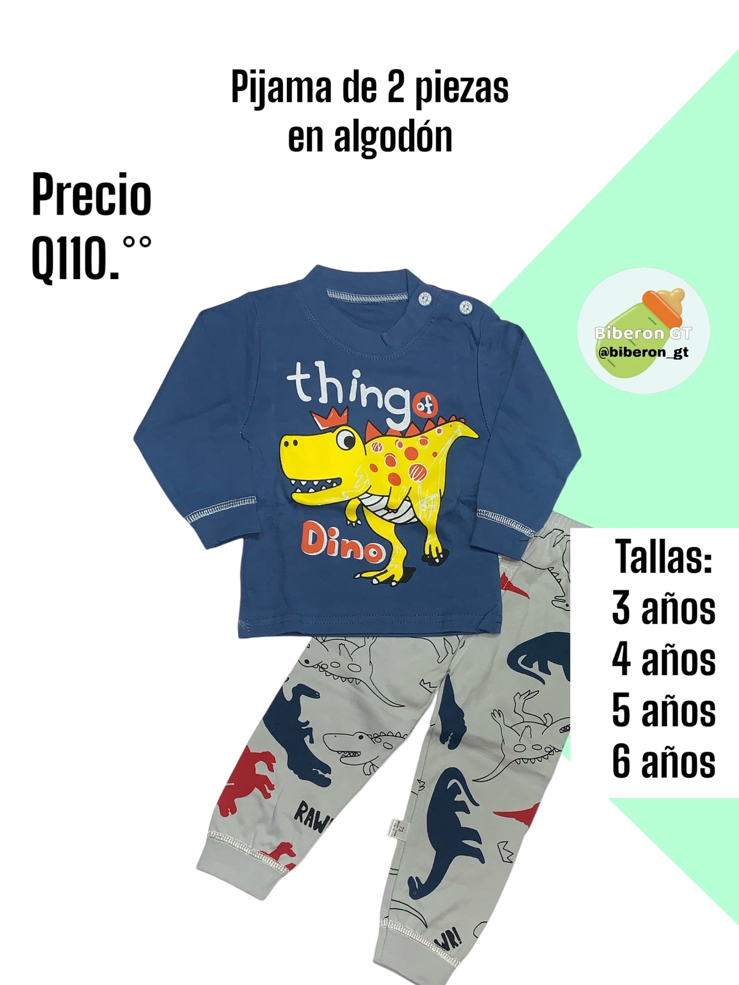 Pijama de 2 piezas en algodón - Dino azul con gris