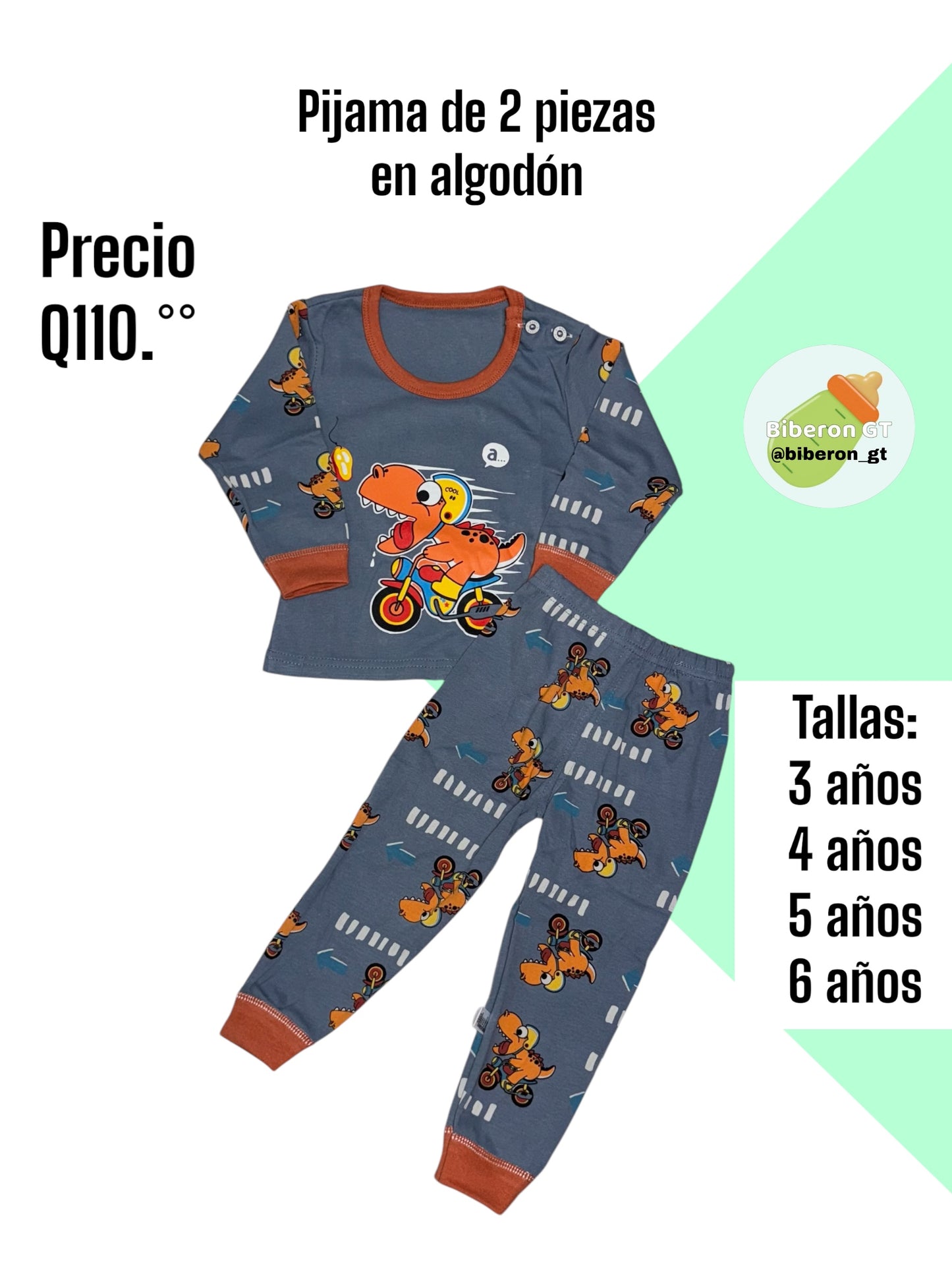 Pijama de 2 piezas en algodón - Dino con moto azul plomo