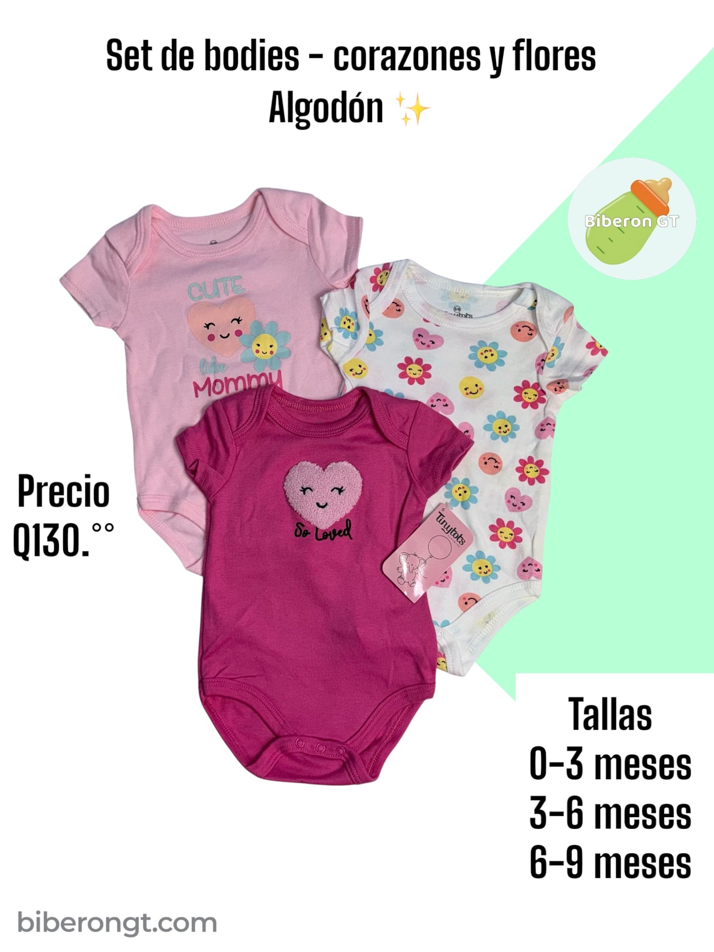 Set de 3 bodies - corazones y flores