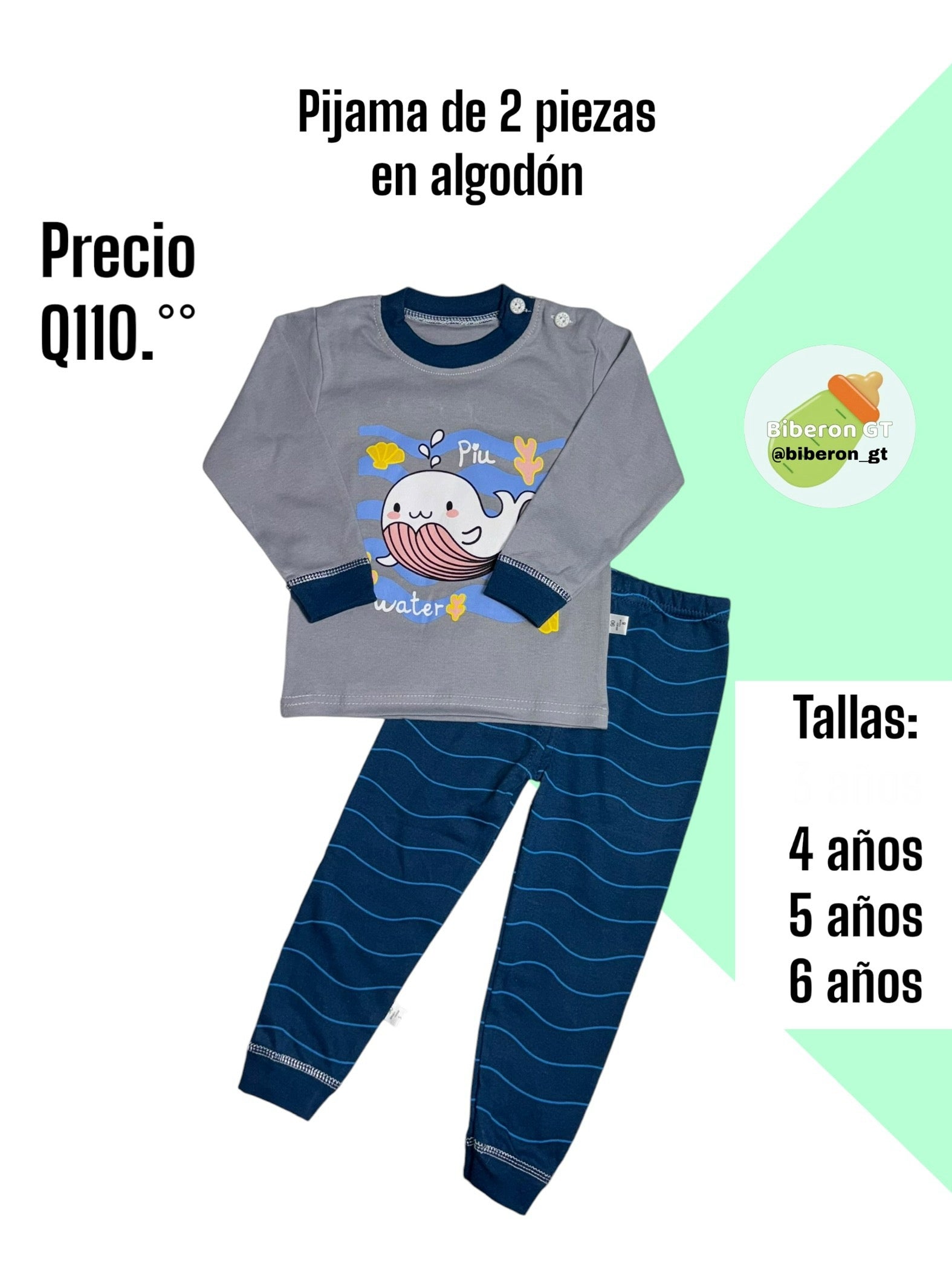 Pijama de 2 piezas en algodón - Ballena gris con azul