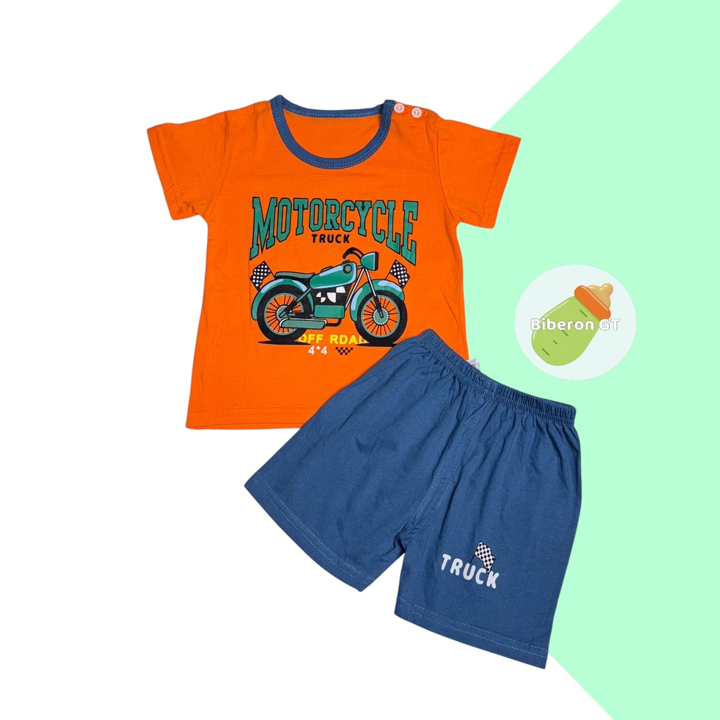 Conjunto de short - Motocicleta naranja con azul