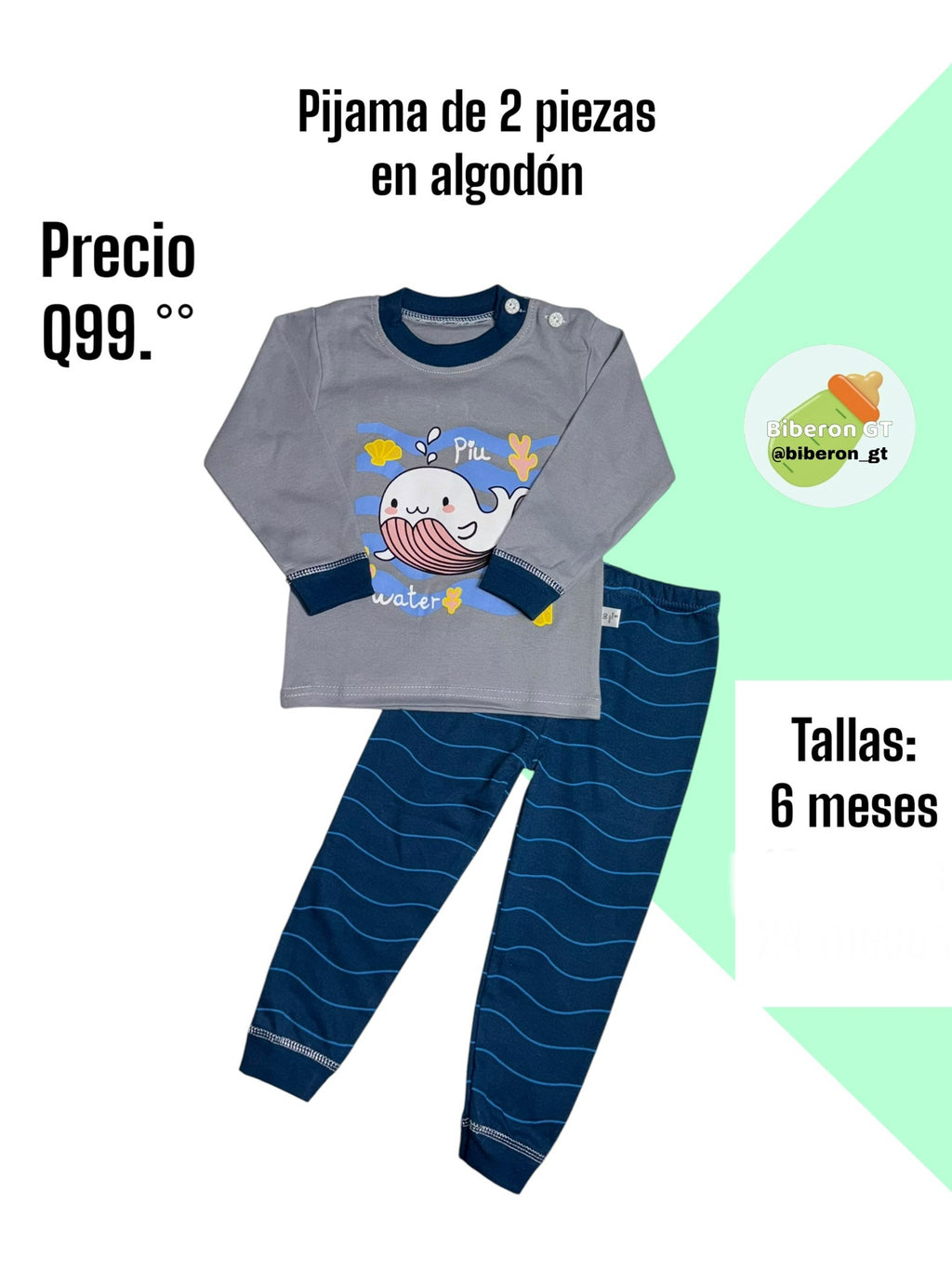 Pijama de 2 piezas en algodón - Ballena gris con azul