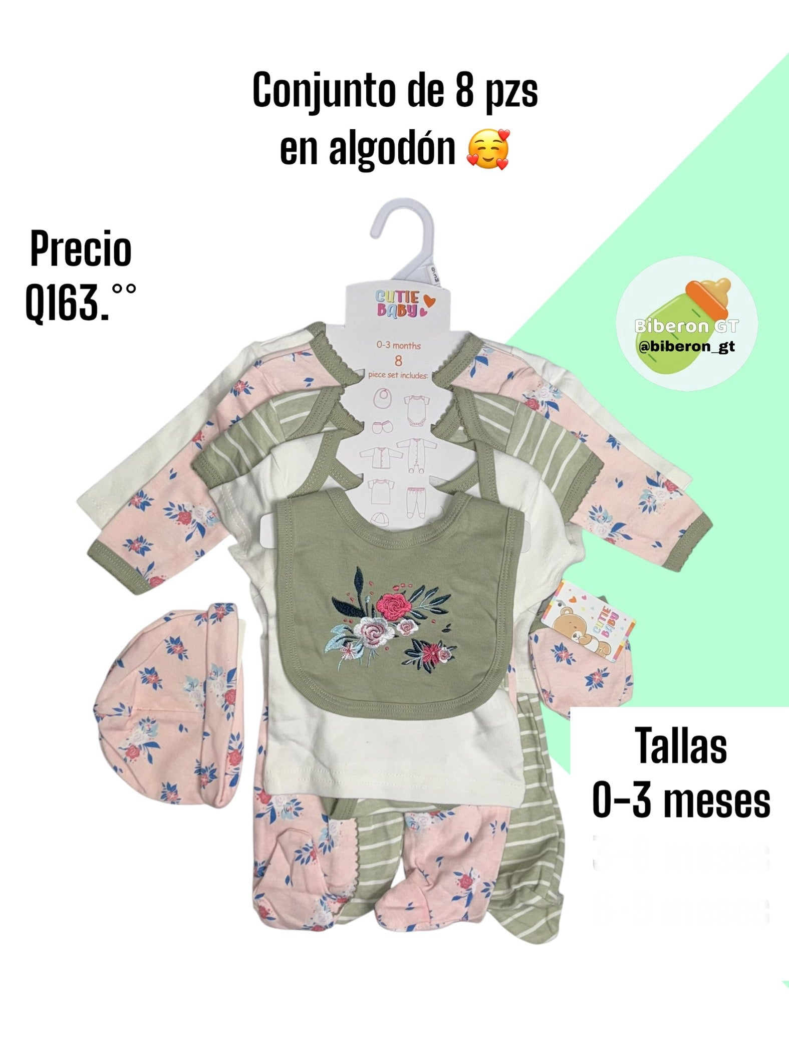 Conjunto de 8 piezas - Flores verde con rosa