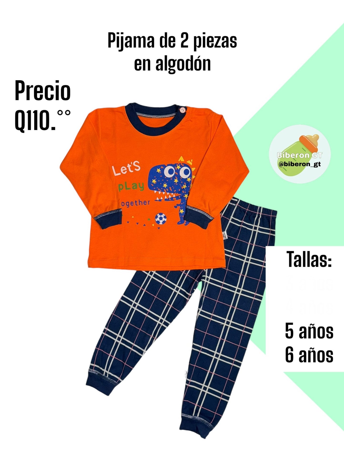 Pijama de 2 piezas en algodón - Dino naranja con azul