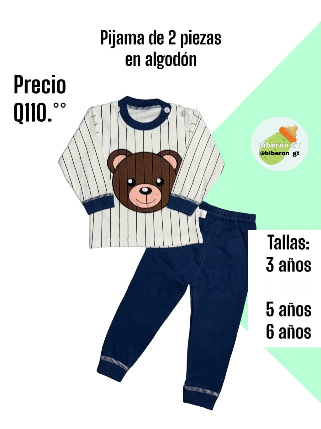 Pijama de 2 piezas en algodón - Oso blanco y azul