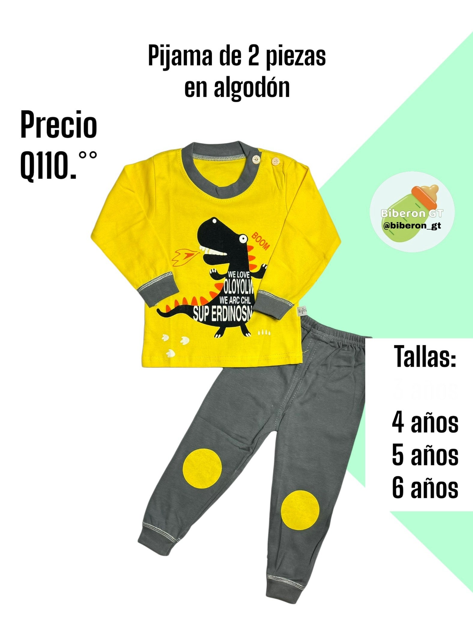 Pijama de 2 piezas en algodón - Dino amarillo