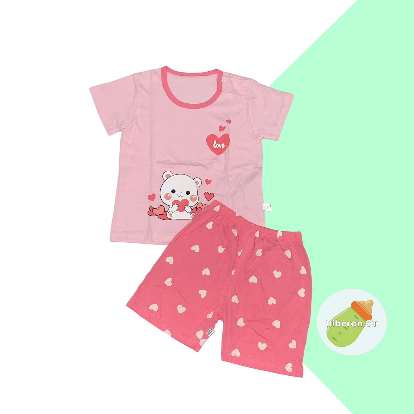 Conjunto de short - Oso Rosa Corazones