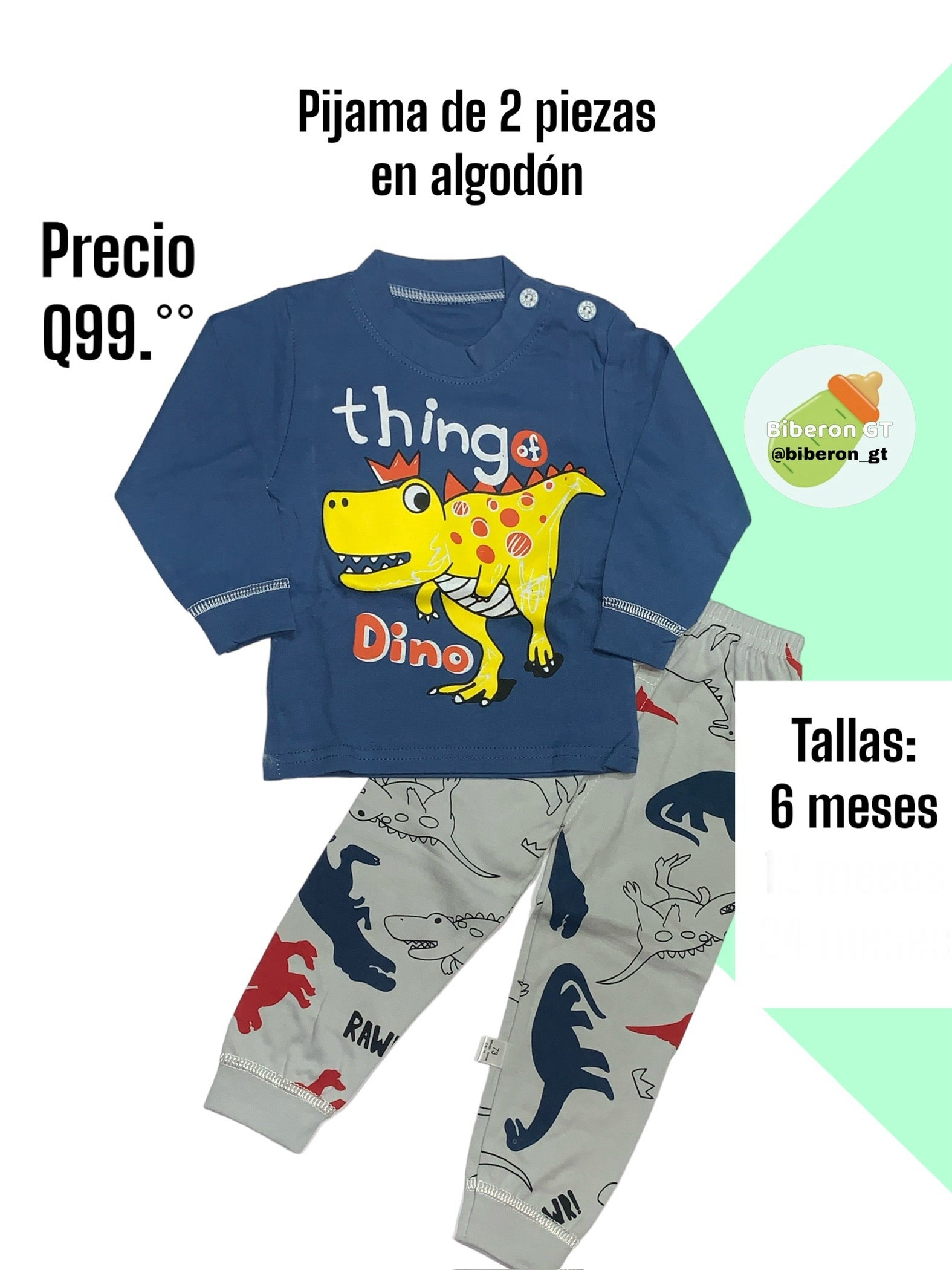 Pijama de 2 piezas en algodón - Dino azul con gris