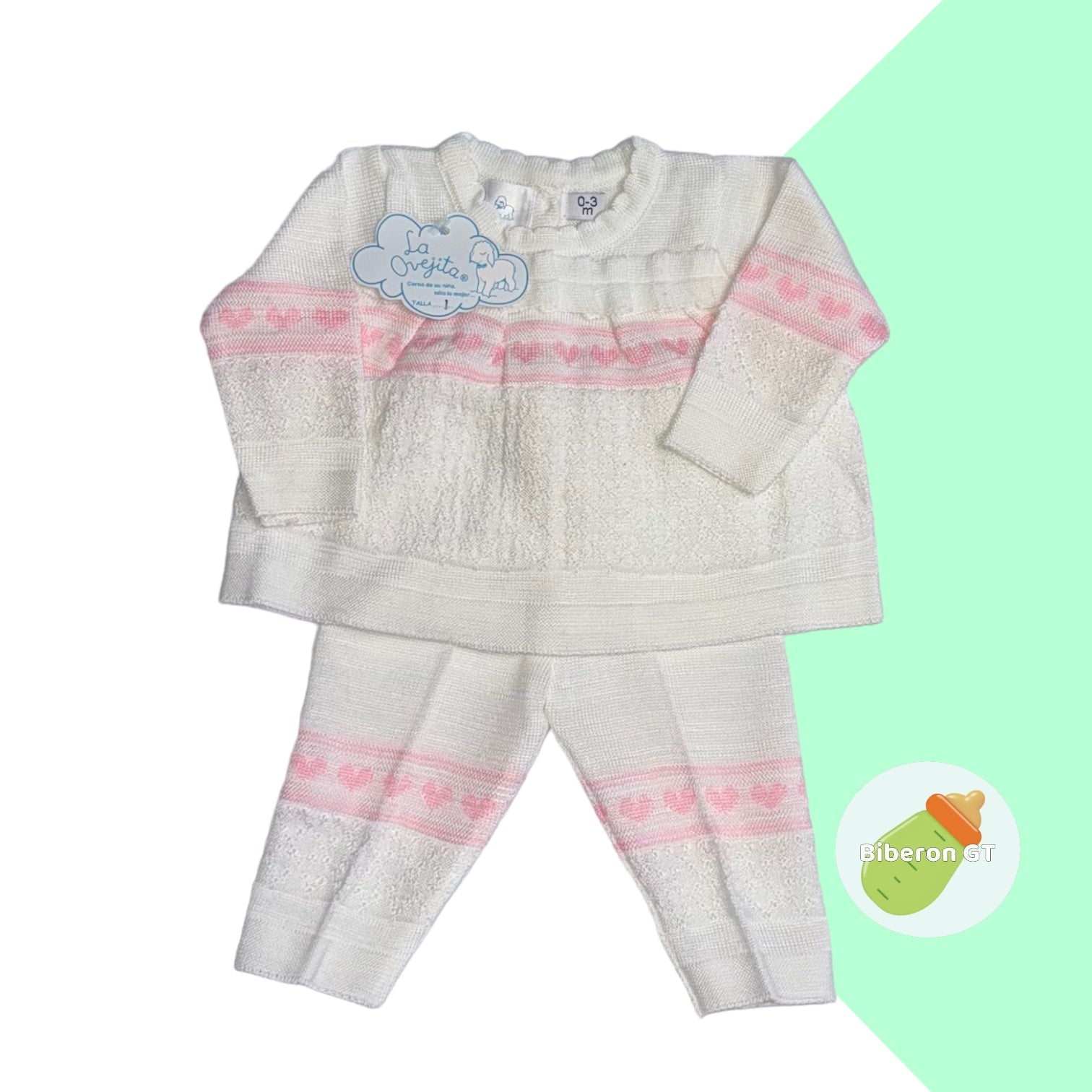 Conjunto para niña de dos piezas  -  blanco con corazones rosados