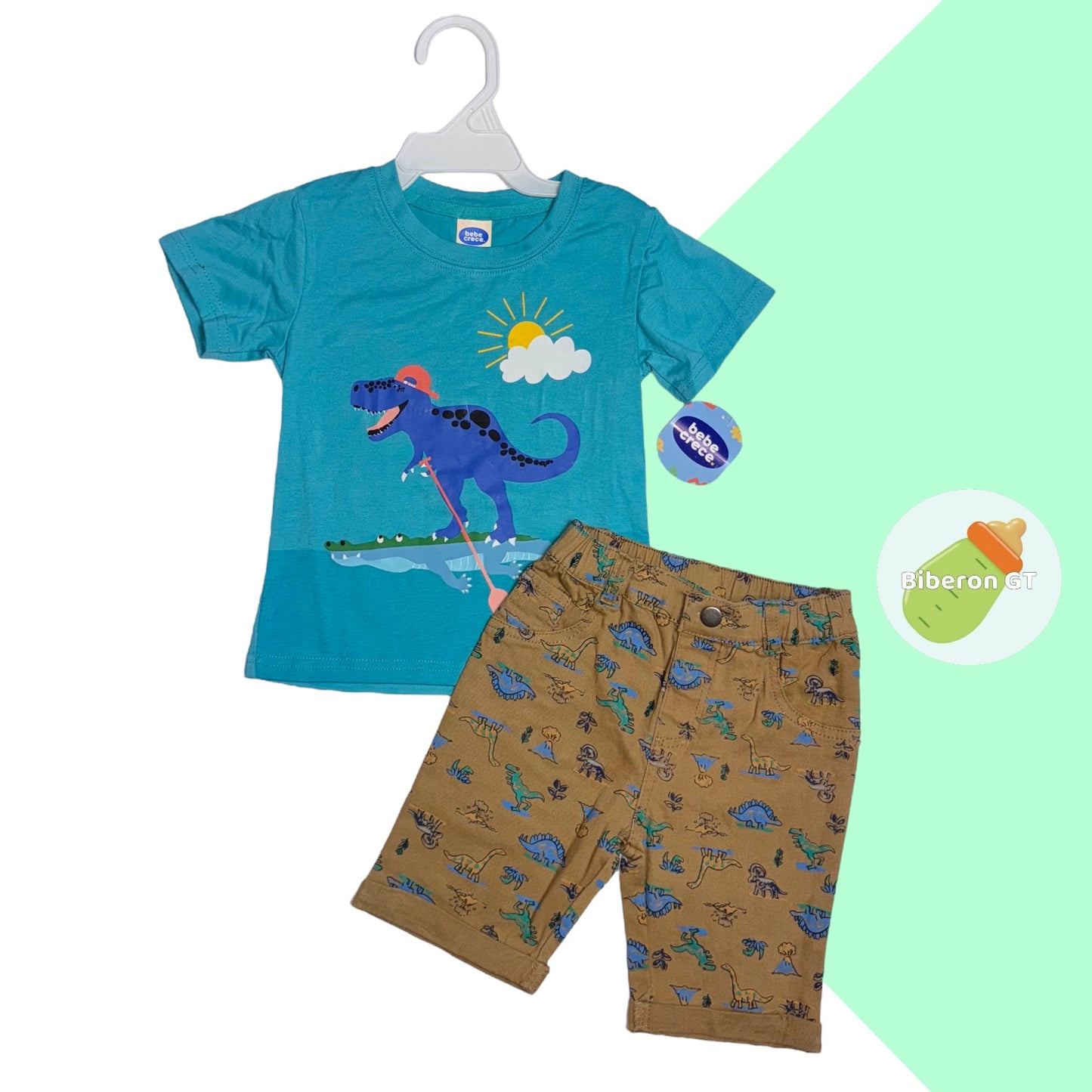 Short y playera de dino - turquesa con caqui