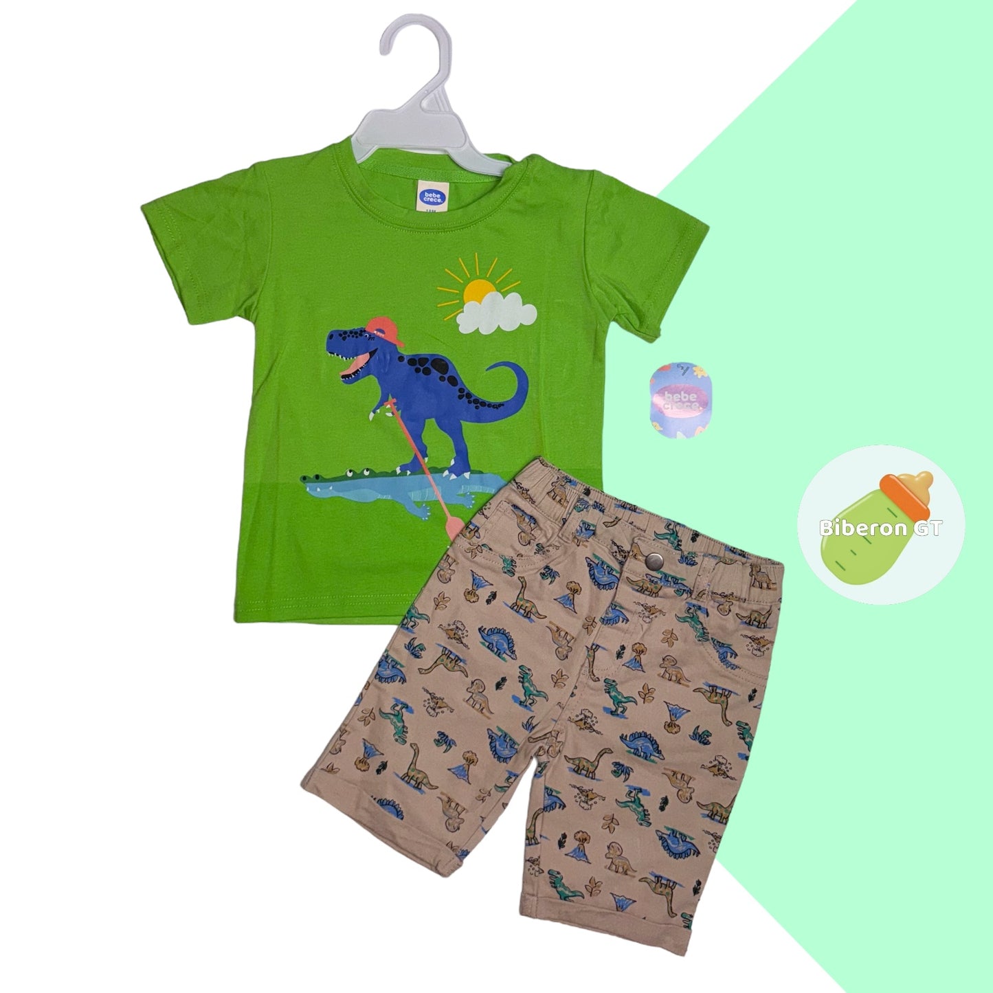 Short y playera de dino - verde con beige