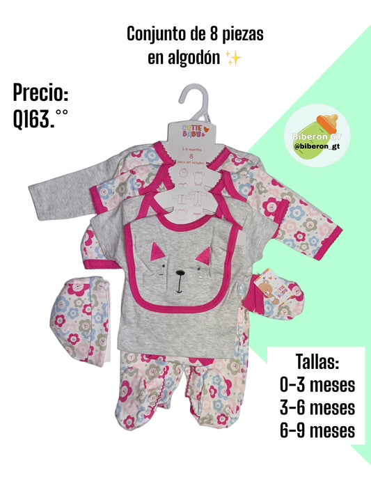 Conjunto de 8 piezas - gris con fucsia de gatita y flores