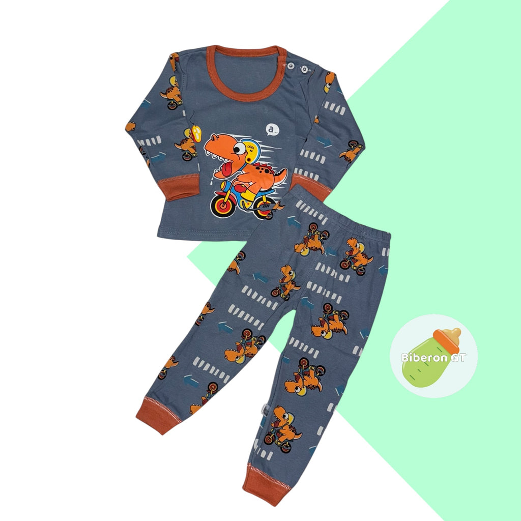 Pijama de 2 piezas en algodón - Dino con moto azul plomo