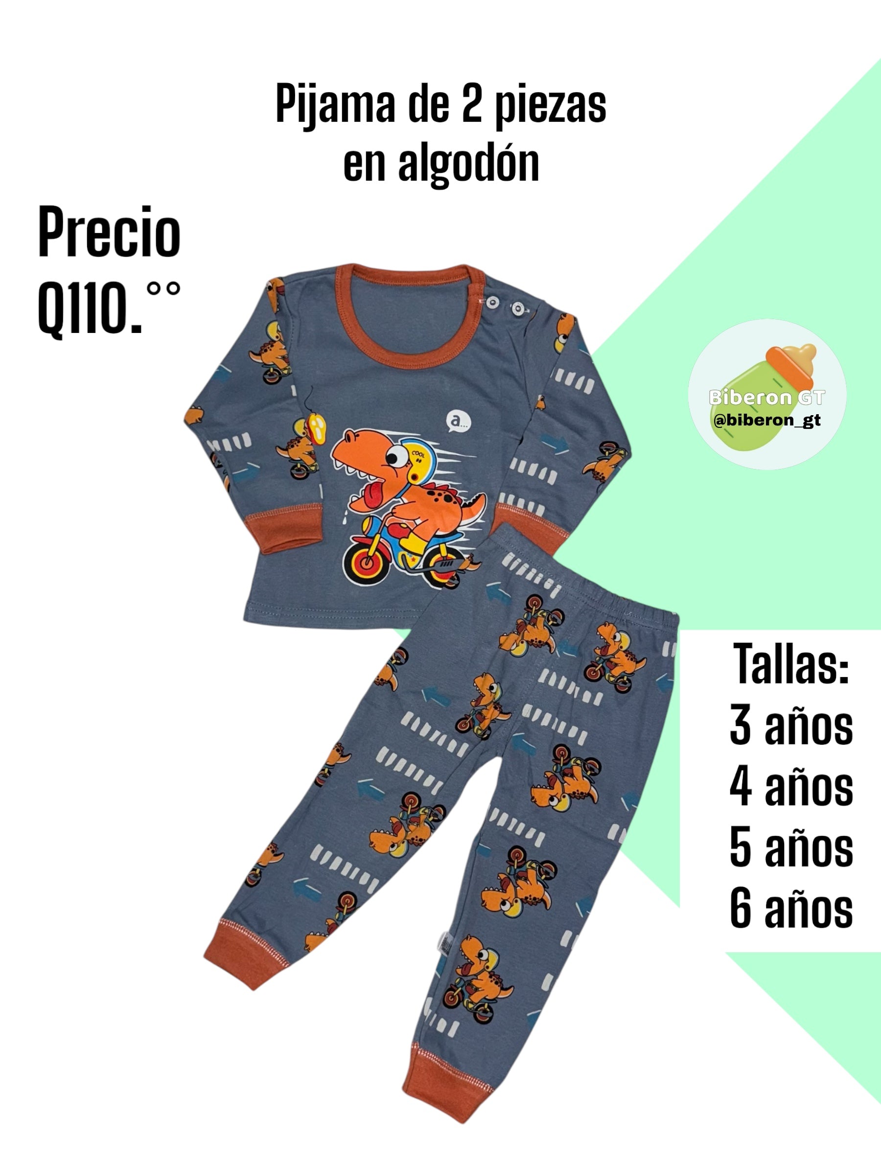 Pijama de 2 piezas en algodón - Dino con moto azul plomo