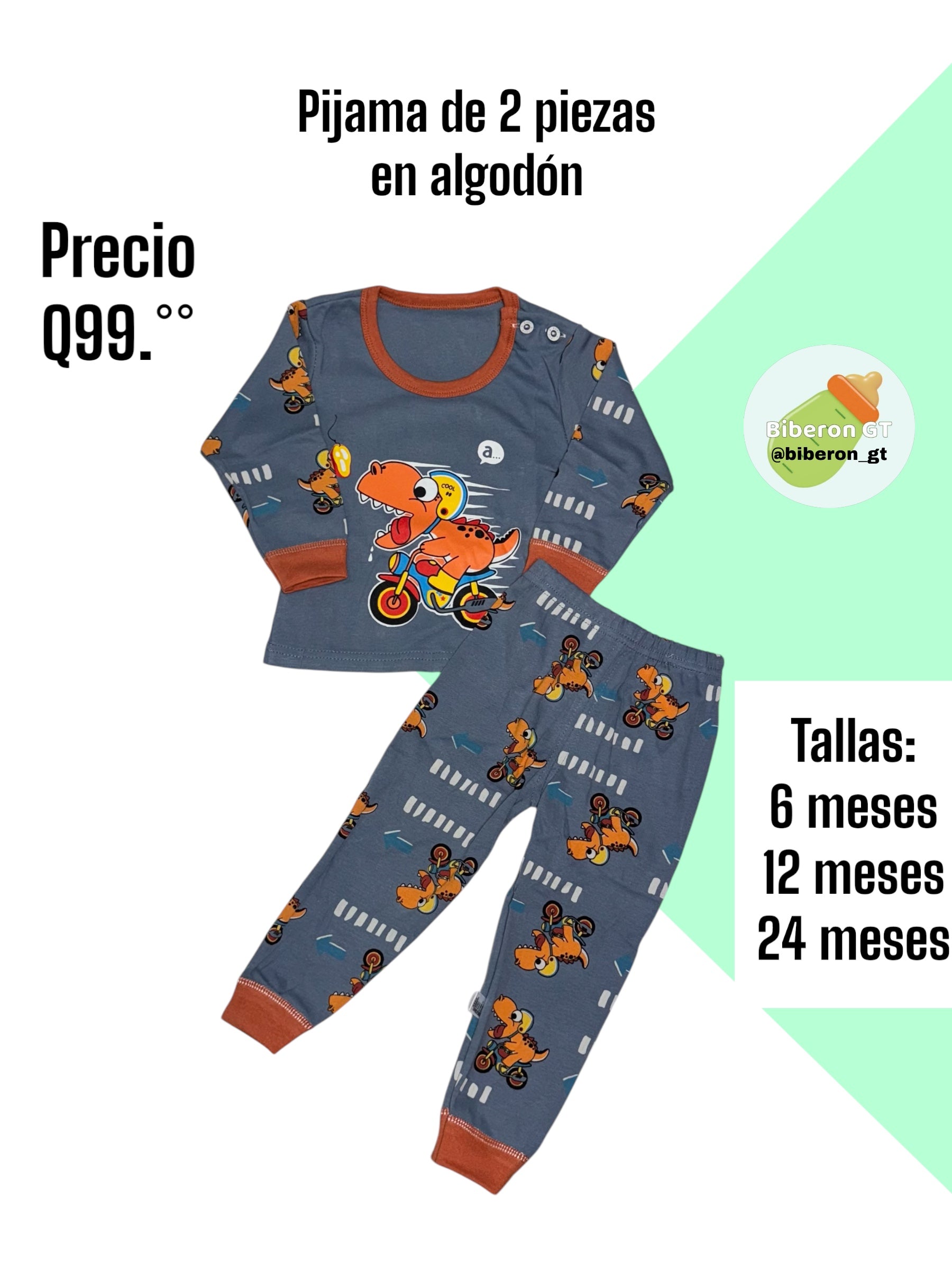 Pijama de 2 piezas en algodón - Dino con moto azul plomo