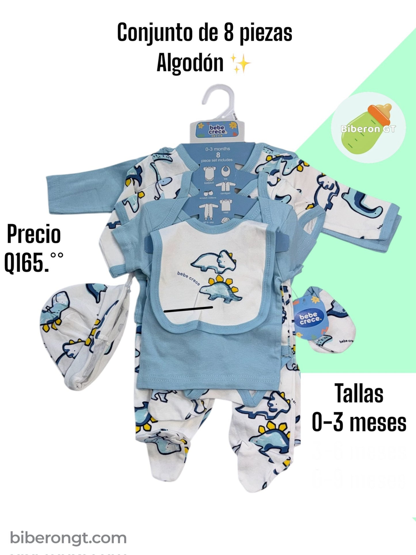 Conjunto de 8 pzs - celeste de dinosaurios