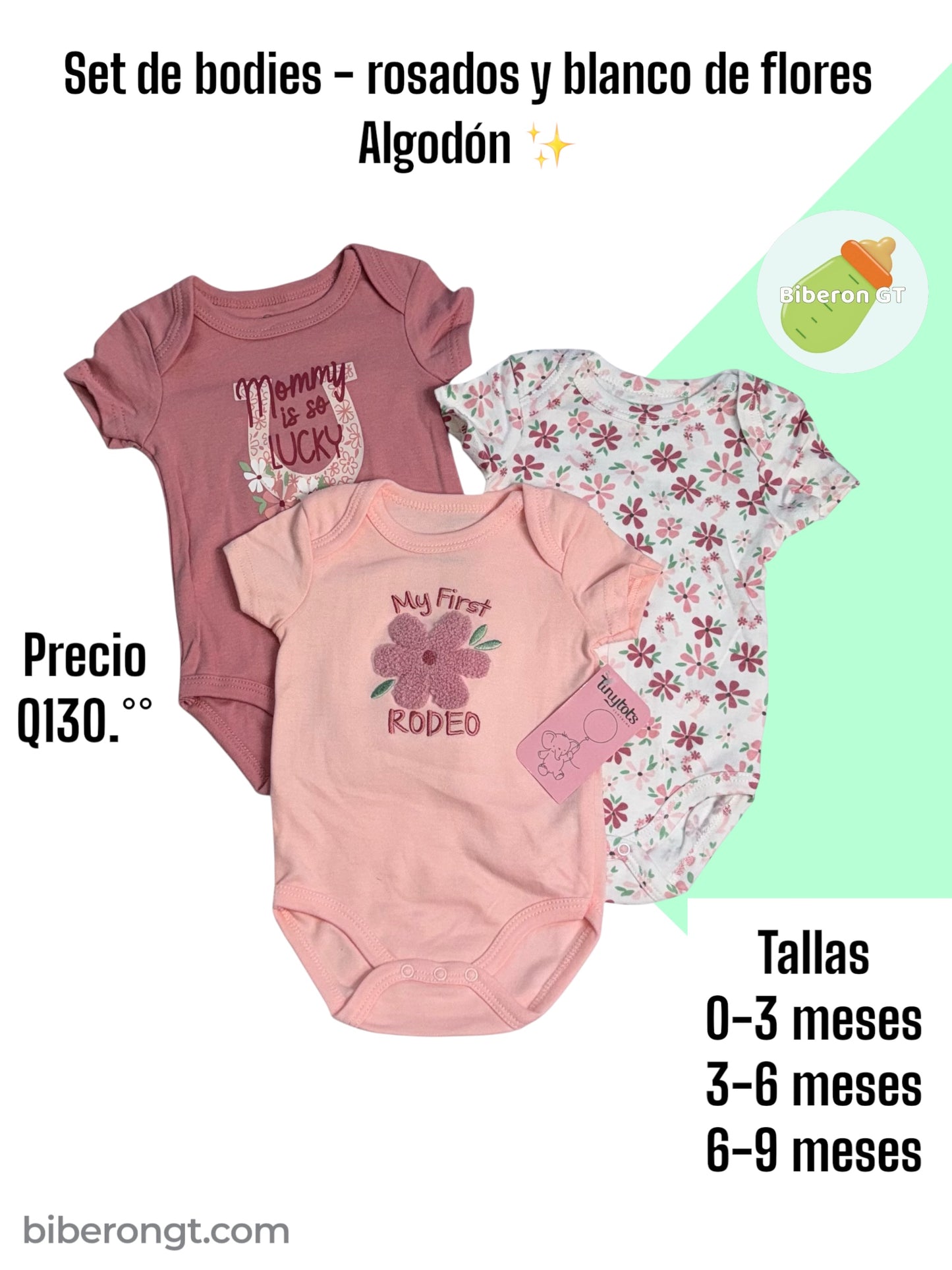 Set de 3 bodies - rosados y blanco de flores