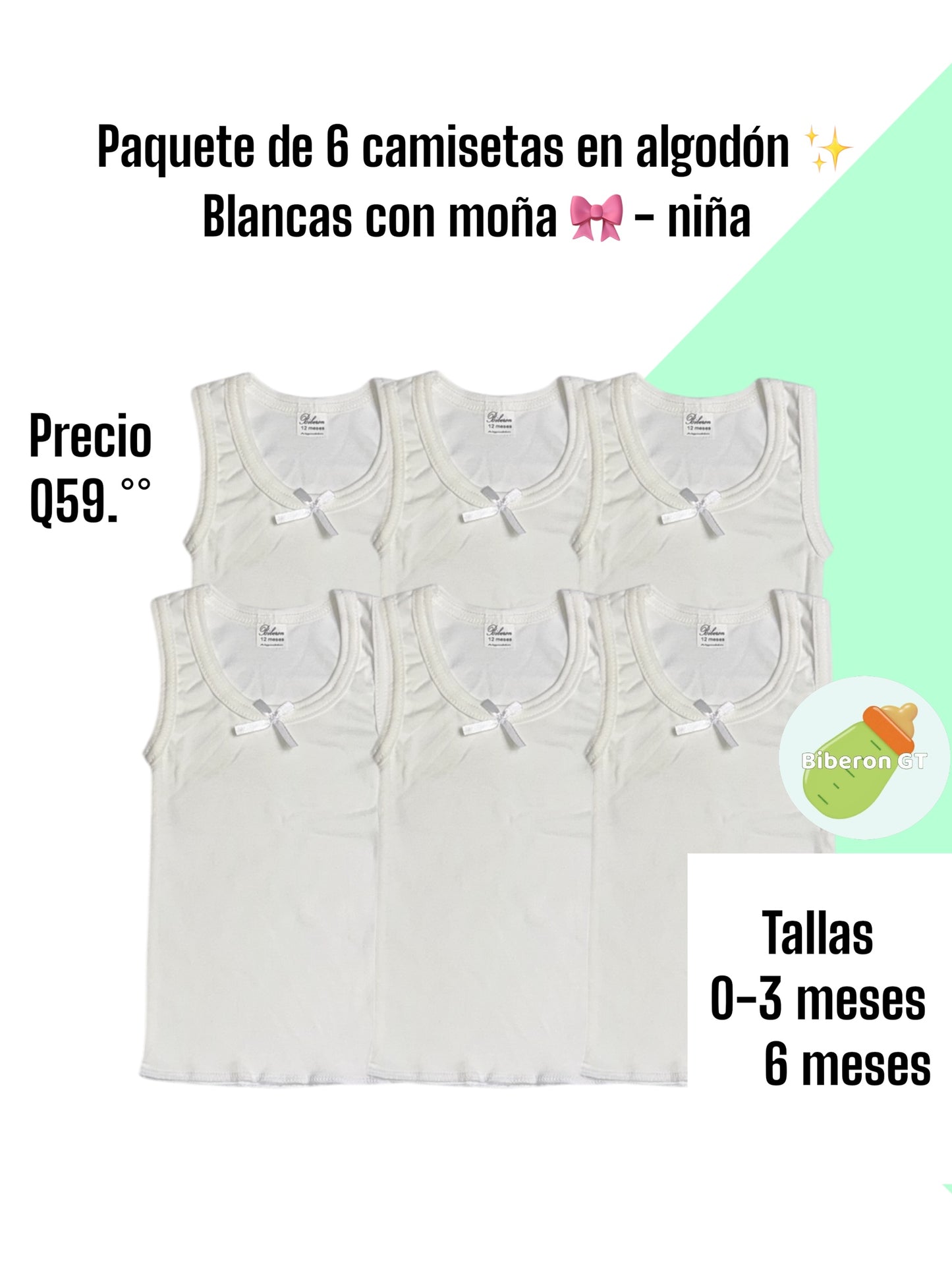 Paquete de 6 camisetas - blancas con moña
