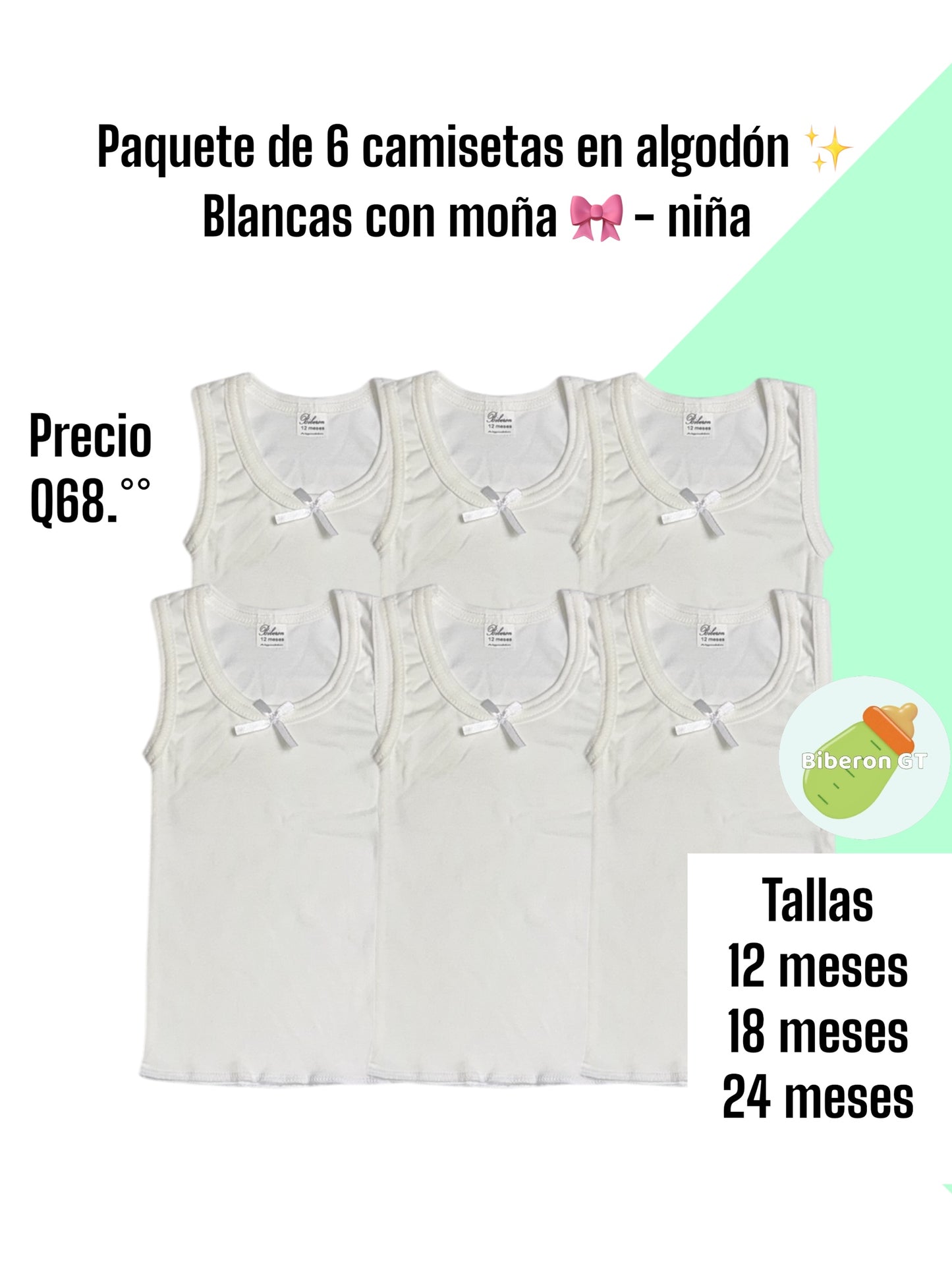 Paquete de 6 camisetas - blancas con moña