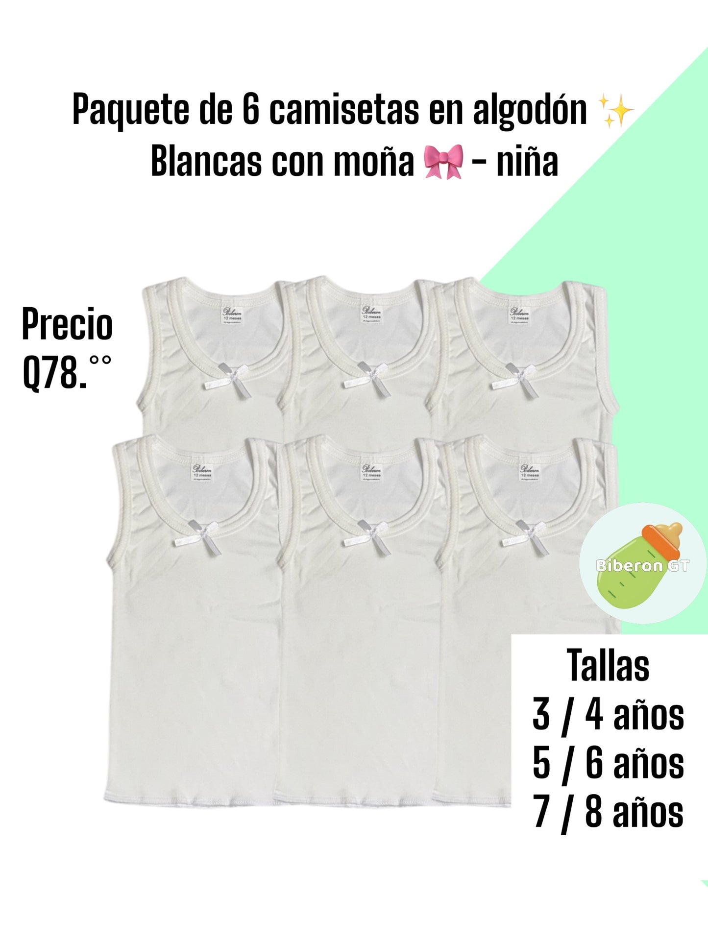 Paquete de 6 camisetas - blancas con moña