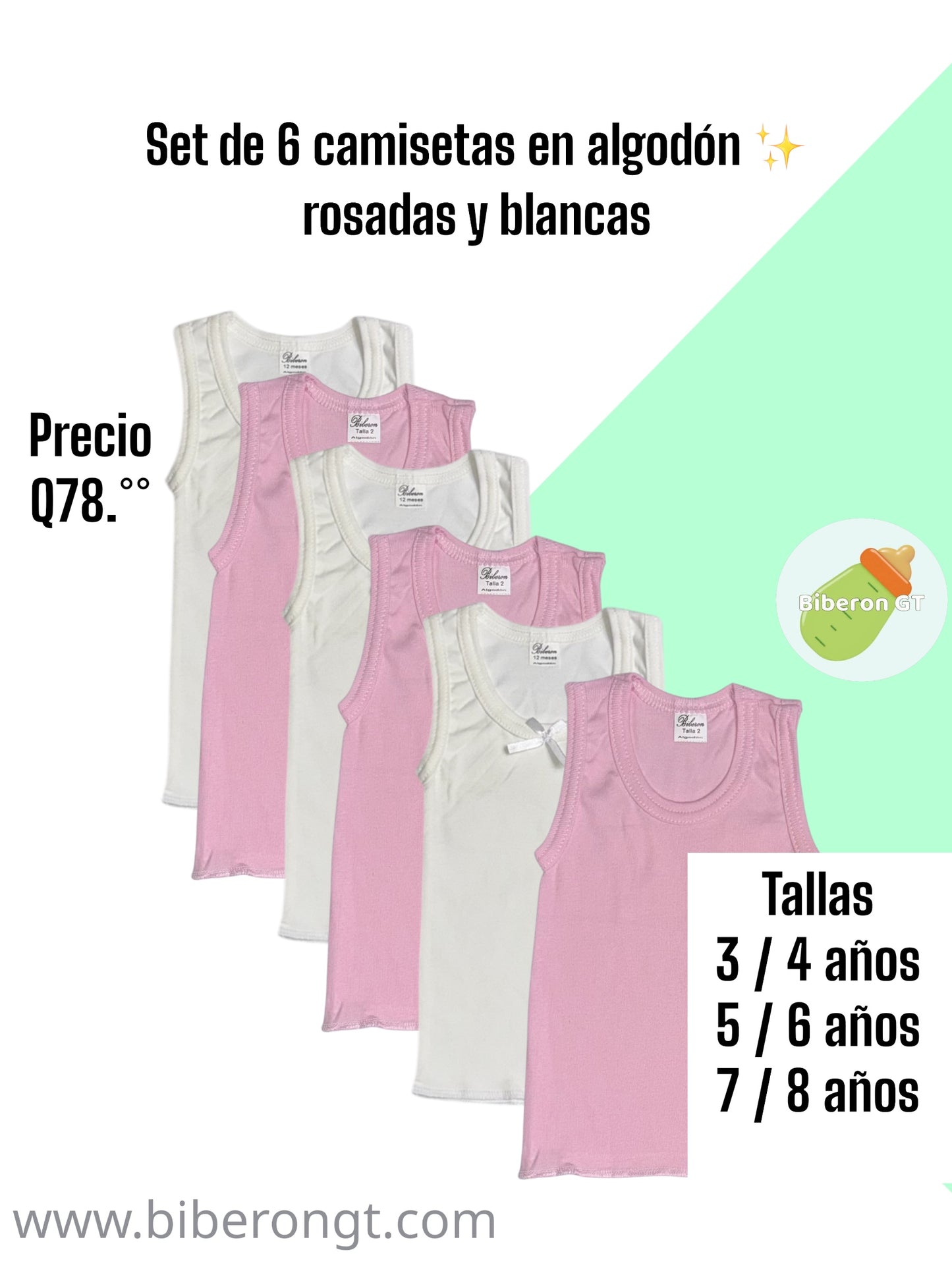 Set de 6 camisetas, rosadas y blancas