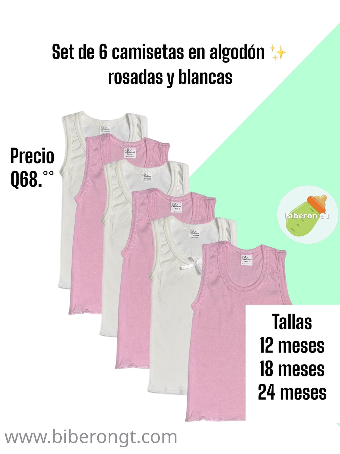 Set de 6 camisetas, rosadas y blancas