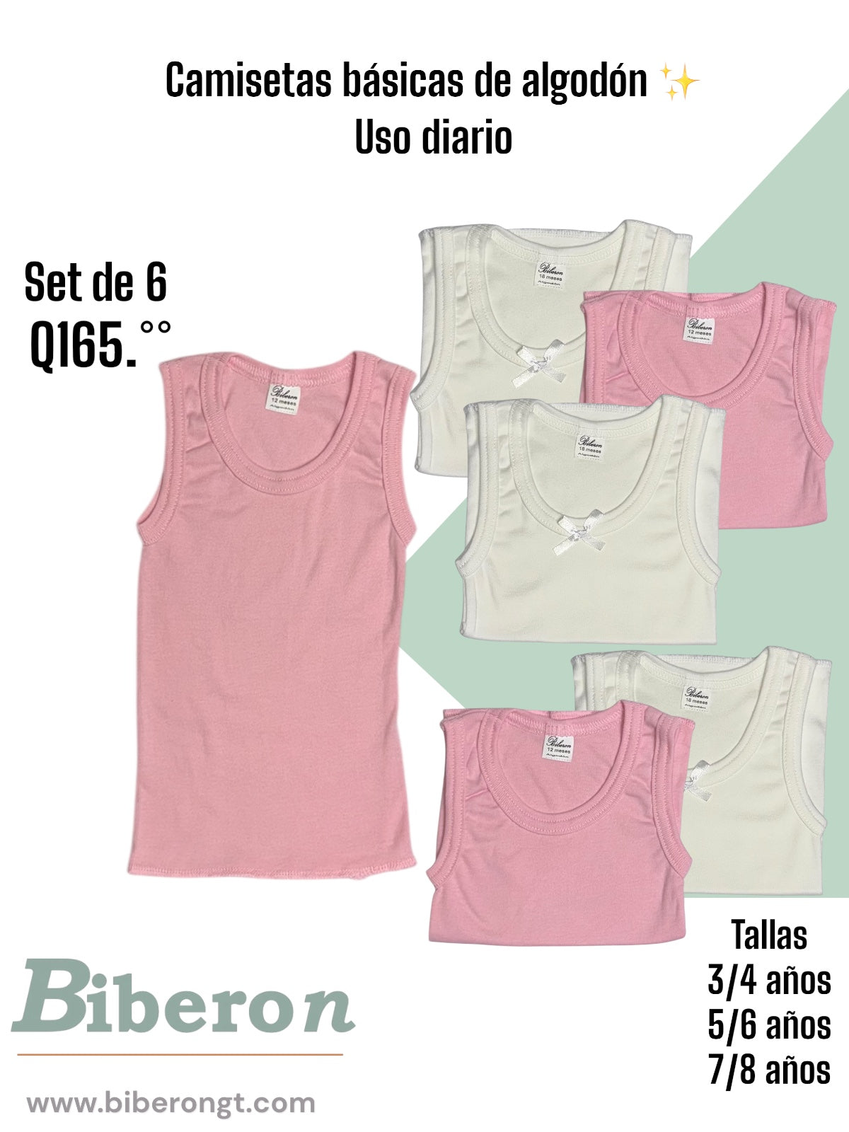 Camisetas interiores de algodón uso diario - blancas y rosadas
