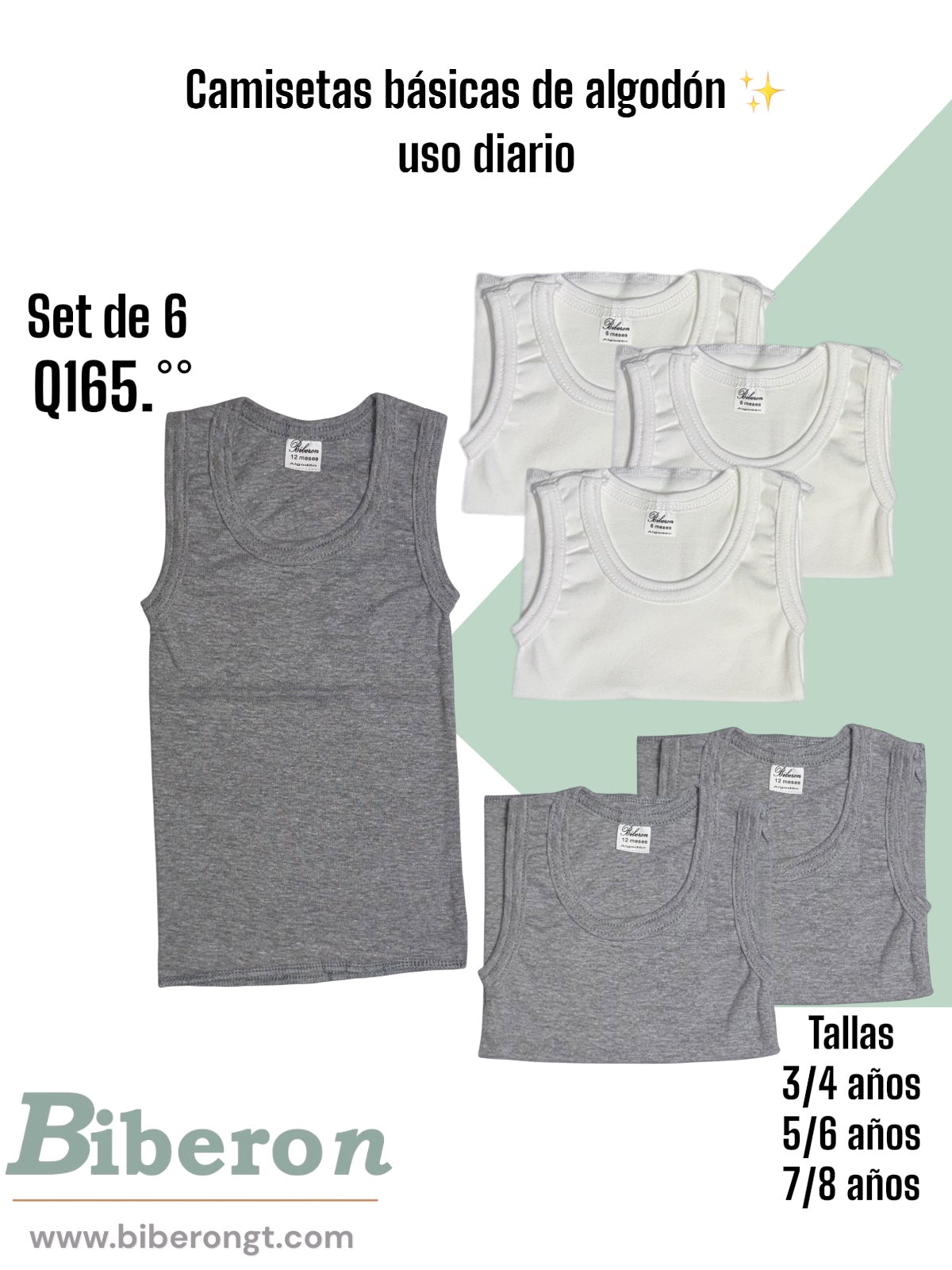 Camisetas interiores de algodón para uso diario - blancas y grises