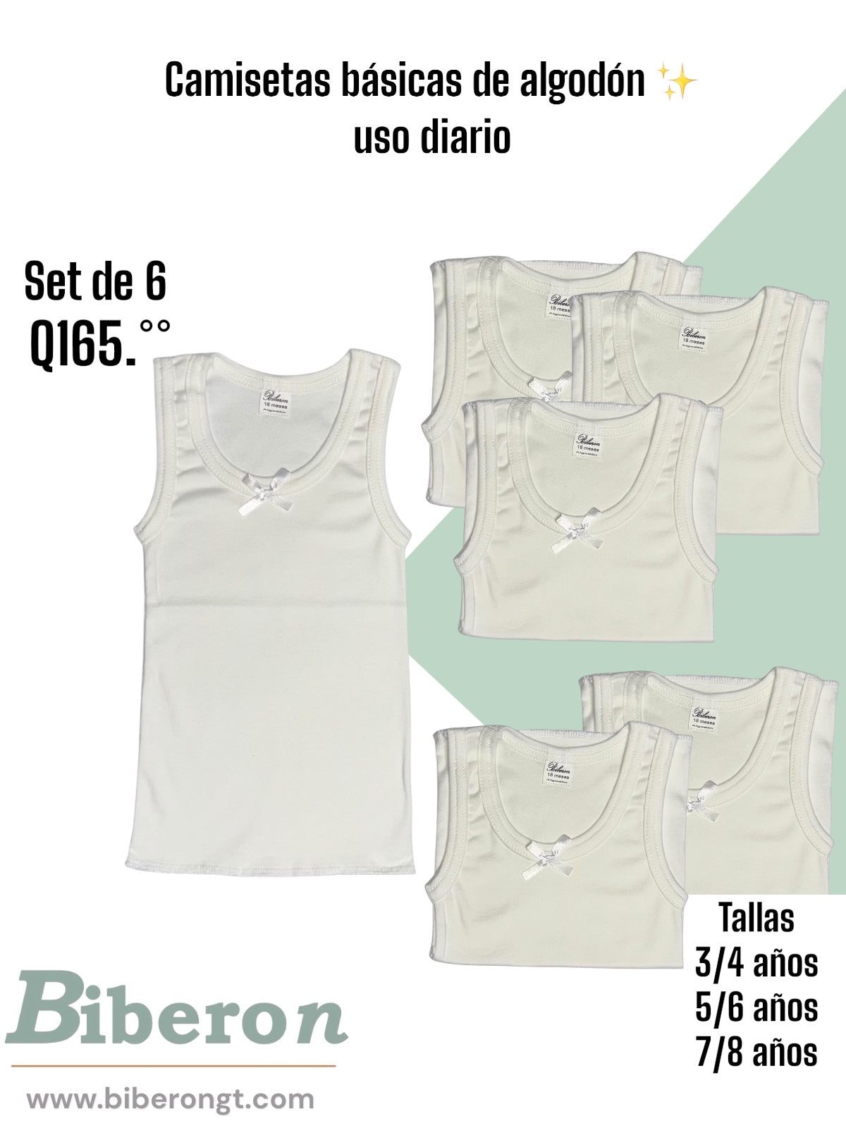 Camisetas interiores de algodón uso diario - blancas con moña, para niña