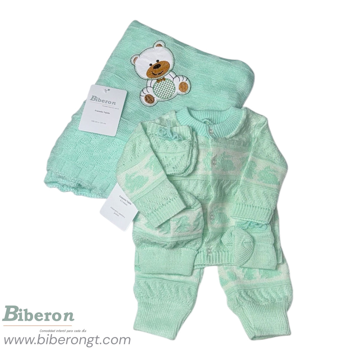 Conjunto tejido y frazada - 6 pzs diseño de conejitos