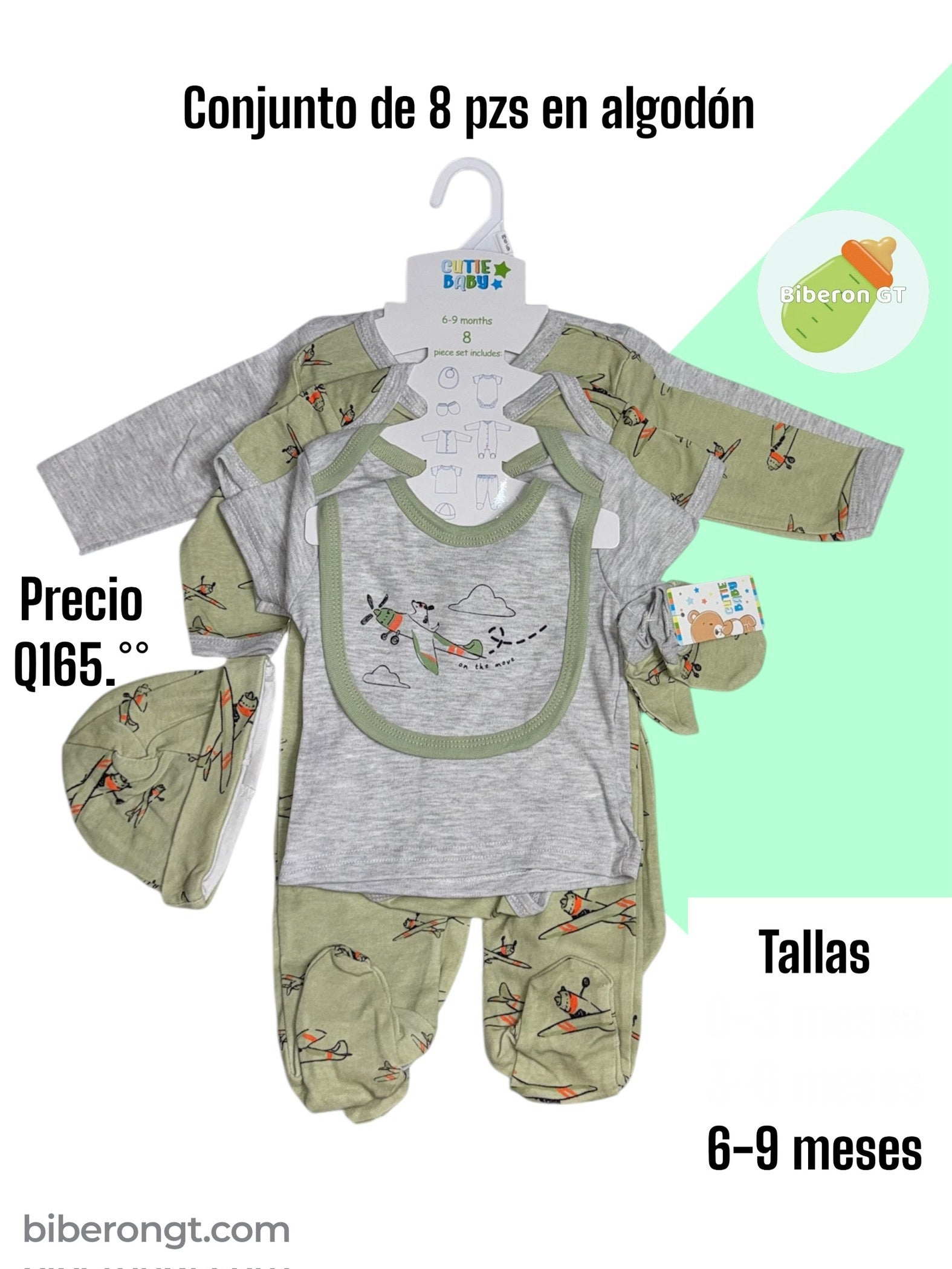 Conjunto de 8 pzs - avionetas verde con gris