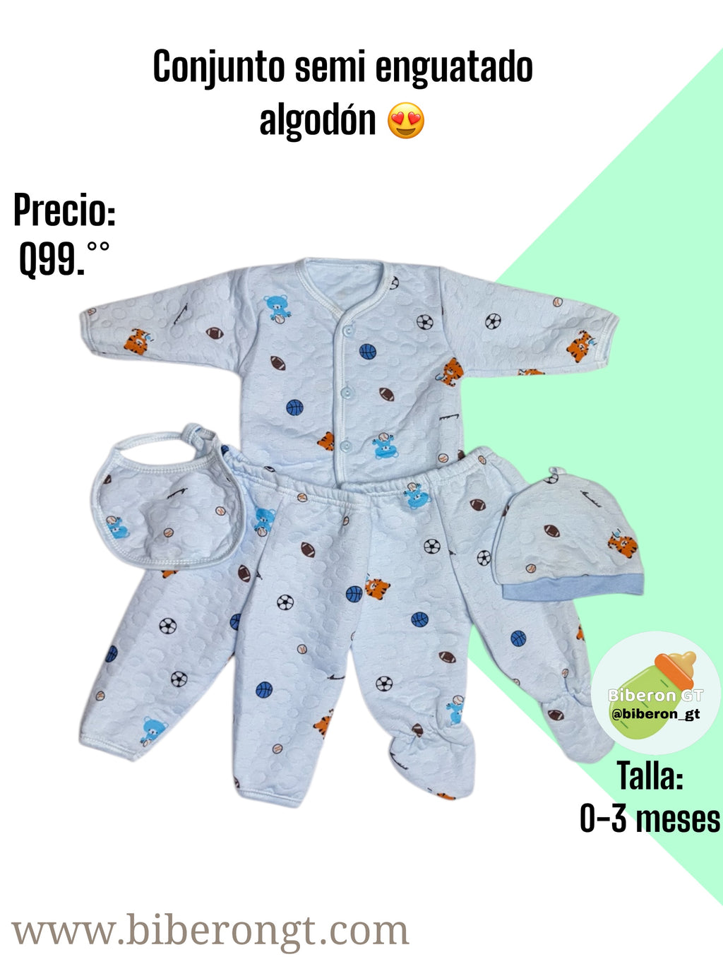 Conjunto en algodón semi enguatado - celeste estampado