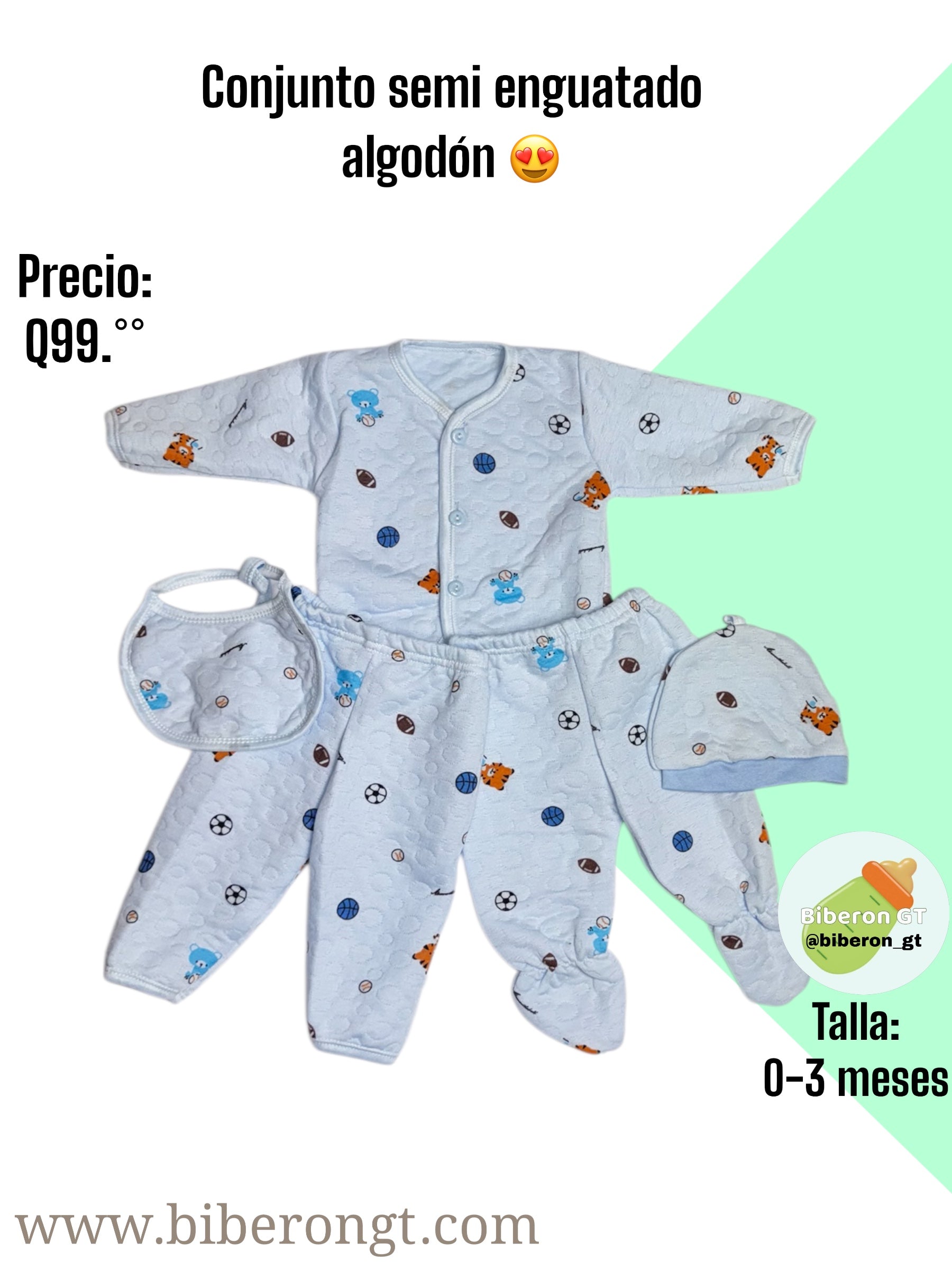 Conjunto en algodón semi enguatado - celeste estampado