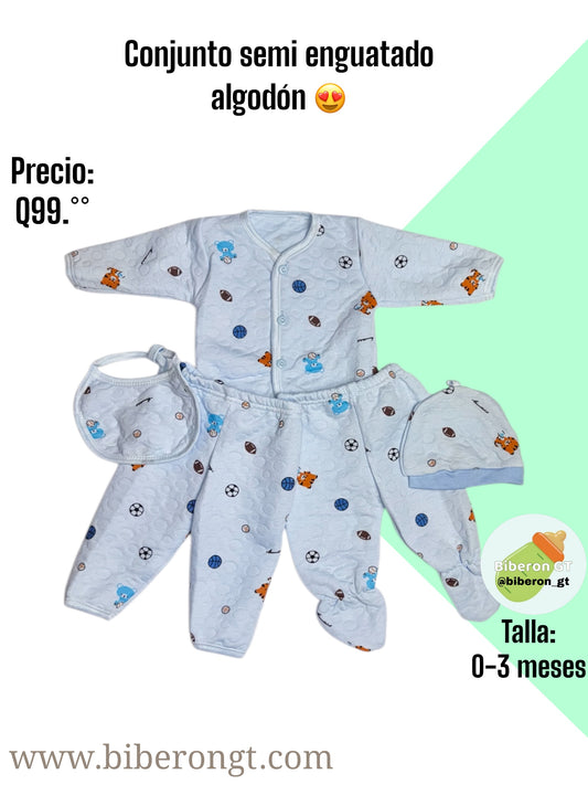 Conjunto en algodón semi enguatado - celeste estampado