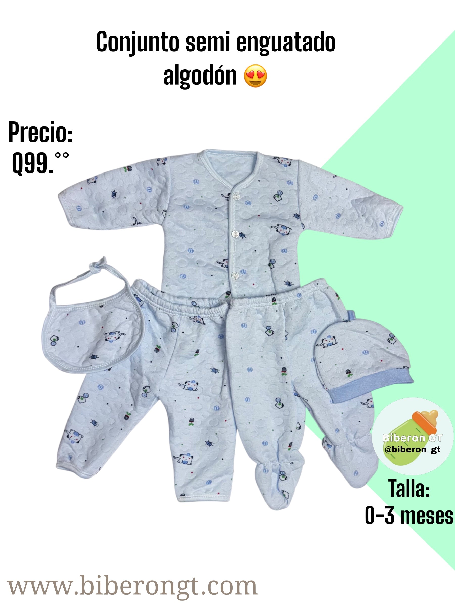 Conjunto en algodón semi enguatado - celeste estampado