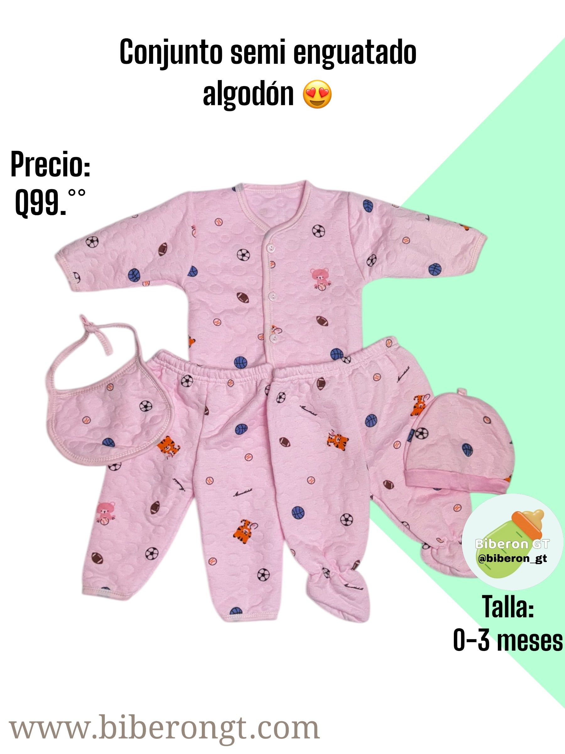 Conjunto en algodón semi enguatado - rosado estampado