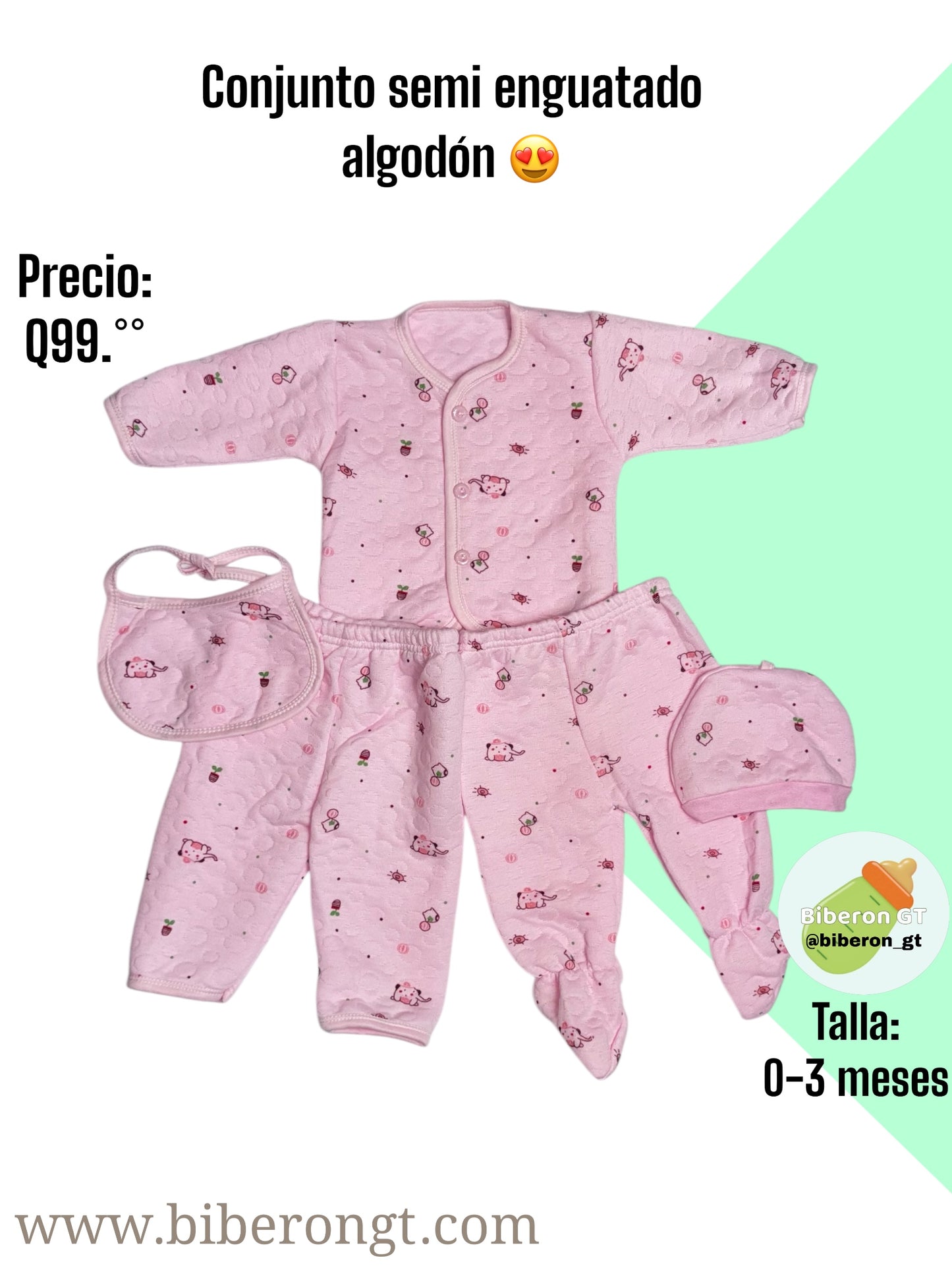 Conjunto en algodón semi enguatado - rosado estampado